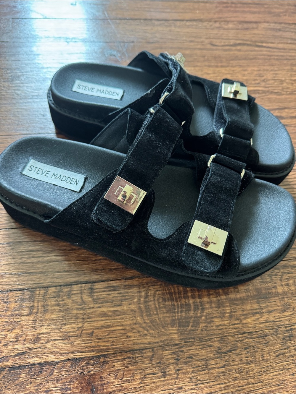 Steve Madden Black Velvet Platform Slide Sandals with Gold Buckles